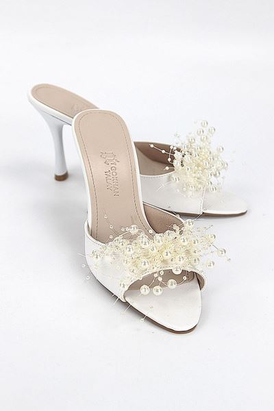 Almas Esnek Yumuşak Kaymaz Taban (8 cm) Beyaz Cilt El Yapımı Boncuk Detaylı Kadın Topuklu Terlik 