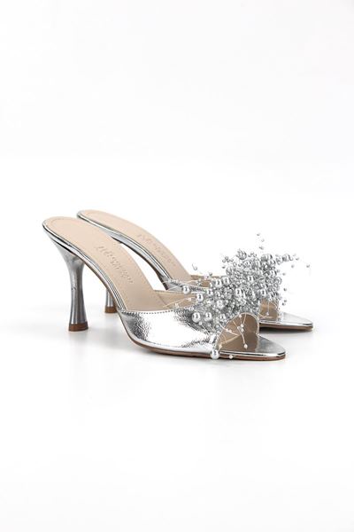 Almas Esnek Yumuşak Kaymaz Taban (8 cm) Lame Metalik El Yapımı Boncuk Detaylı Kadın Topuklu Terlik 