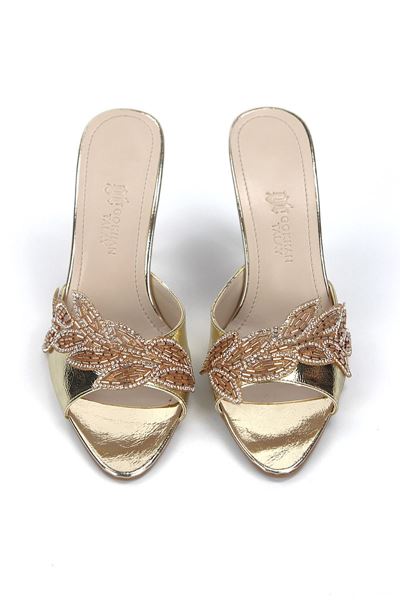 Melantha Esnek Yumuşak Kaymaz Taban (8 cm) Dore Metalik Taşlı Yaprak Detaylı Kadın Topuklu Terlik