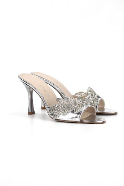 Melantha Esnek Yumuşak Kaymaz Taban (8 cm) Lame Metalik Taşlı Yaprak Detaylı Kadın Topuklu Terlik