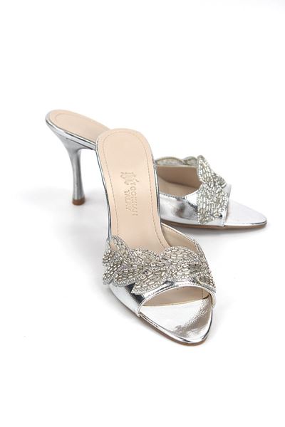 Melantha Esnek Yumuşak Kaymaz Taban (8 cm) Lame Metalik Taşlı Yaprak Detaylı Kadın Topuklu Terlik