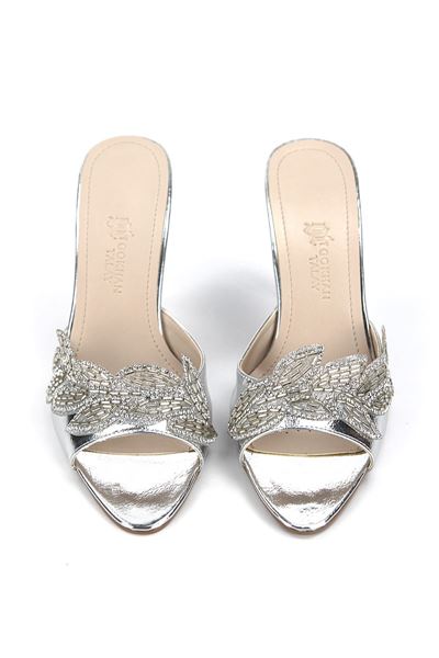 Melantha Esnek Yumuşak Kaymaz Taban (8 cm) Lame Metalik Taşlı Yaprak Detaylı Kadın Topuklu Terlik