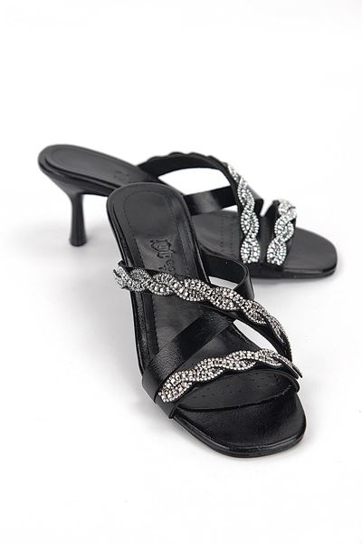 Elaris Esnek Yumuşak Kaymaz Taban (4 cm) Siyah Rugan  Çapraz Çift Sıra Burgu Gümüş Taş Kadın Topuklu Terlik