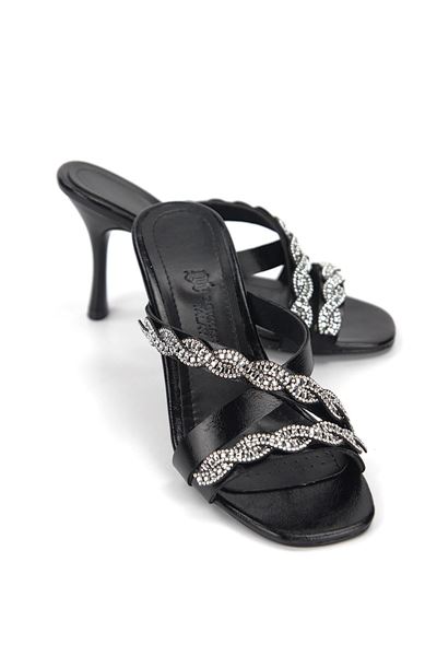 Velmora Esnek Yumuşak Kaymaz Taban (8 cm) Siyah Rugan  Çapraz Çift Sıra Burgu Gümüş Taş Kadın Topuklu Terlik