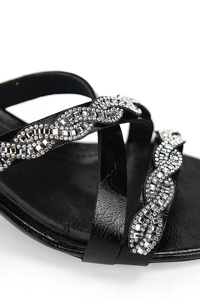 Velmora Esnek Yumuşak Kaymaz Taban (8 cm) Siyah Rugan  Çapraz Çift Sıra Burgu Gümüş Taş Kadın Topuklu Terlik