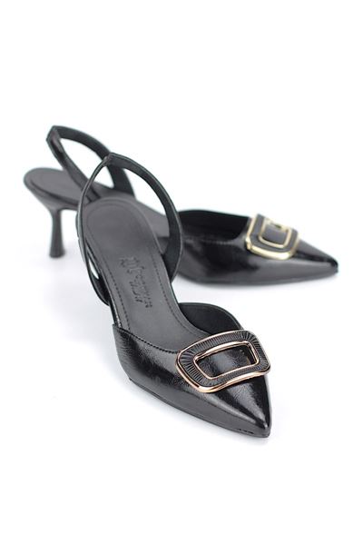 Veloura Esnek Kaymaz Taban Siyah Rugan Orta Topuklu(4 cm) Kemik Toka Detaylı Topuklu Ayakkabı