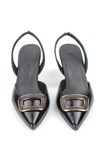 Veloura Esnek Kaymaz Taban Siyah Rugan Orta Topuklu(4 cm) Kemik Toka Detaylı Topuklu Ayakkabı