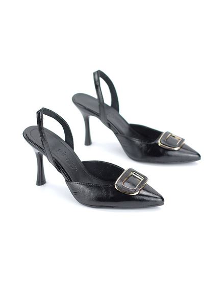 Terya  Esnek Kaymaz Taban Siyah Rugan Orta Topuklu (8 cm) Kemik Toka Detaylı Topuklu Ayakkabı