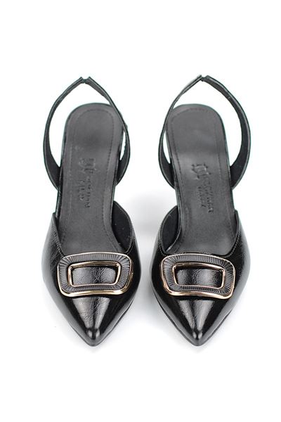 Terya  Esnek Kaymaz Taban Siyah Rugan Orta Topuklu (8 cm) Kemik Toka Detaylı Topuklu Ayakkabı