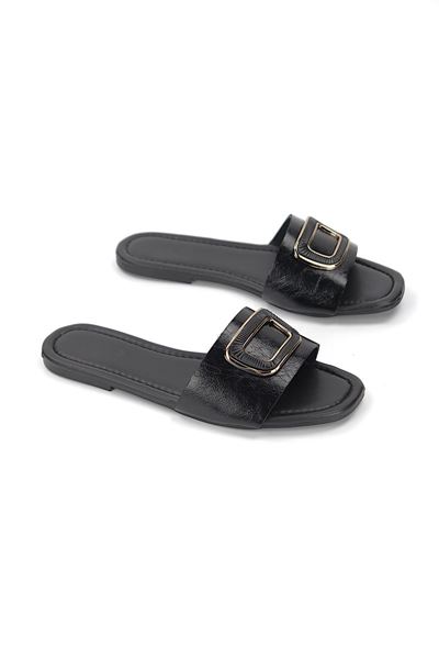 Alenya  Siyah Rugan Kemik Toka Detaylı Kadın Terlik
