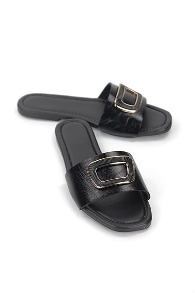 Alenya  Siyah Rugan Kemik Toka Detaylı Kadın Terlik