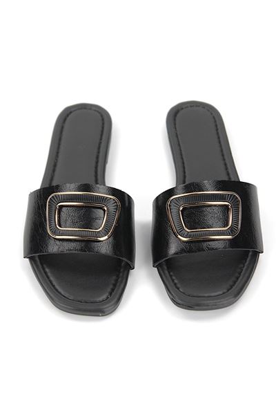 Alenya  Siyah Rugan Kemik Toka Detaylı Kadın Terlik