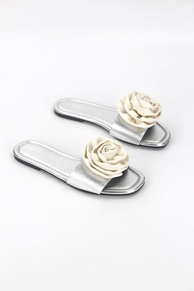 Velrosa Lame Metalik El Yapımı Beyaz Gül Detaylı Kadın Terlik