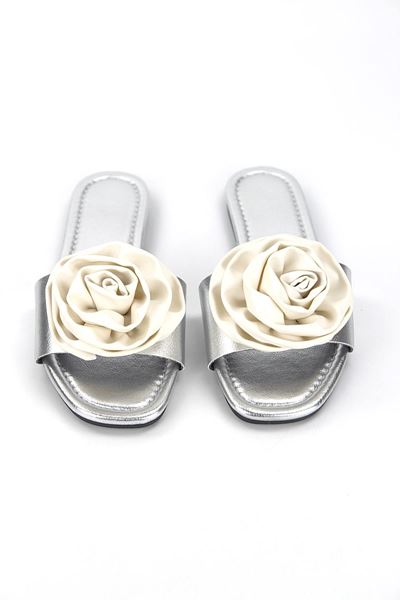 Velrosa Lame Metalik El Yapımı Beyaz Gül Detaylı Kadın Terlik