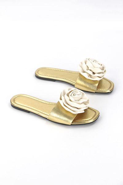 Velrosa Dore Metalik El Yapımı Beyaz Gül Detaylı Kadın Terlik