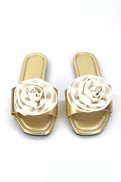 Velrosa Dore Metalik El Yapımı Beyaz Gül Detaylı Kadın Terlik