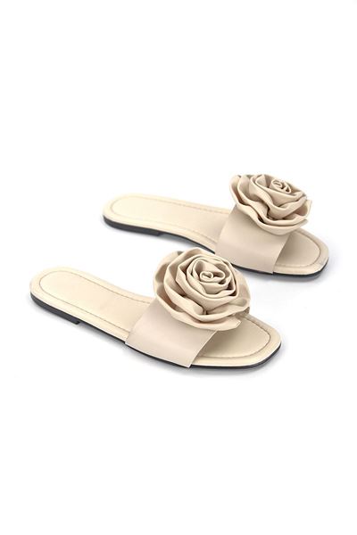 Rosenya Bej Cilt El Yapımı  Gül Detaylı Kadın Terlik