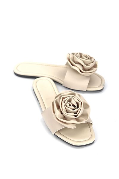 Rosenya Bej Cilt El Yapımı  Gül Detaylı Kadın Terlik