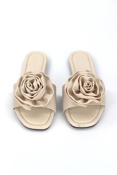 Rosenya Bej Cilt El Yapımı  Gül Detaylı Kadın Terlik