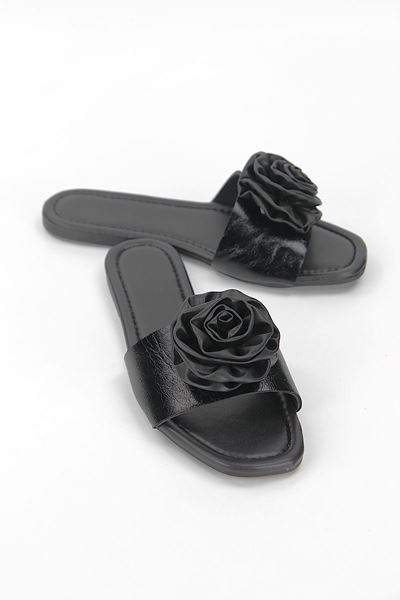 Rosenya Siyah Rugan El Yapımı  Gül Detaylı Kadın Terlik