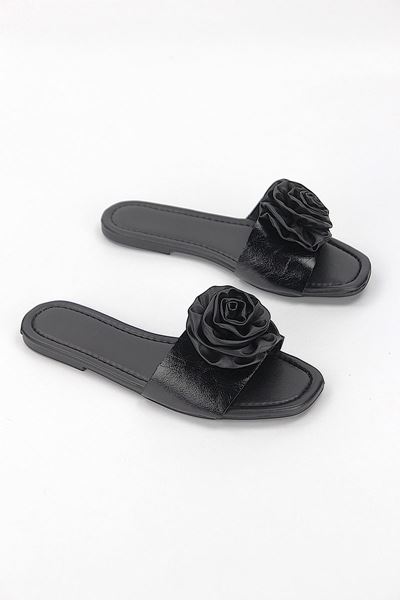 Rosenya Siyah Rugan El Yapımı  Gül Detaylı Kadın Terlik