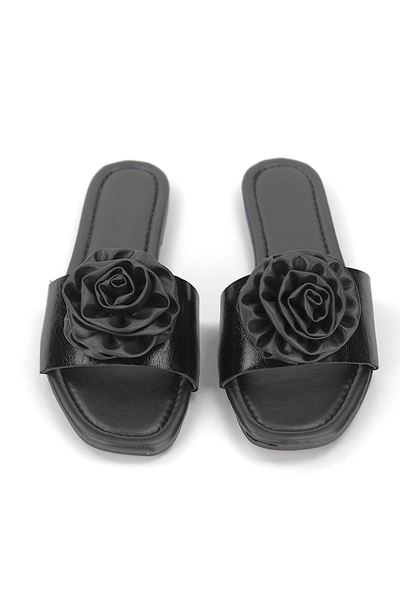 Rosenya Siyah Rugan El Yapımı  Gül Detaylı Kadın Terlik