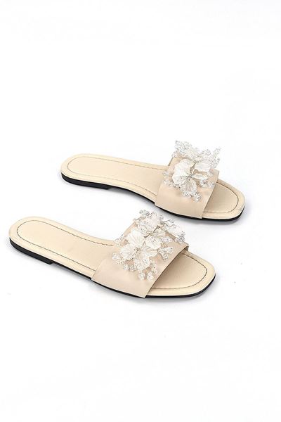 Florelle Bej Cilt El Yapımı  Şeffaf Yaprak Boncuk Detaylı Kadın Terlik