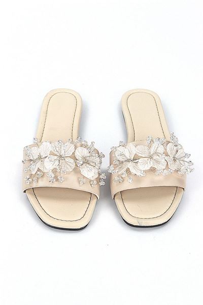 Florelle Bej Cilt El Yapımı  Şeffaf Yaprak Boncuk Detaylı Kadın Terlik