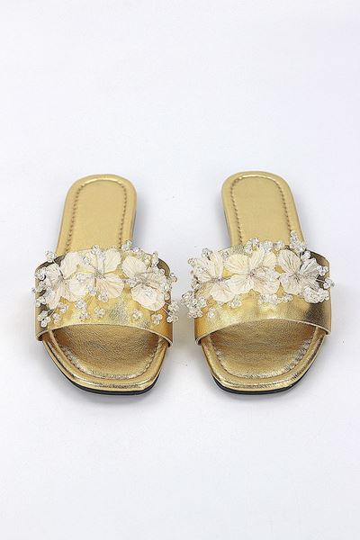 Florelle Dore Metalik El Yapımı  Şeffaf Yaprak Boncuk Detaylı Kadın Terlik