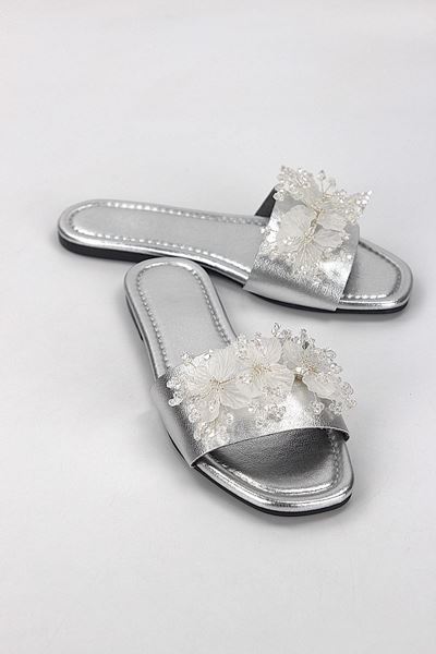 Florelle Lame Metalik El Yapımı  Şeffaf Yaprak Boncuk Detaylı Kadın Terlik