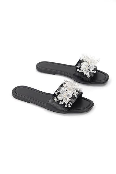 Florelle Siyah Rugan El Yapımı  Şeffaf Yaprak Boncuk Detaylı Kadın Terlik
