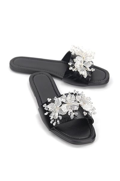 Florelle Siyah Rugan El Yapımı  Şeffaf Yaprak Boncuk Detaylı Kadın Terlik