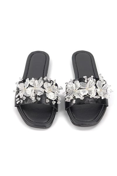 Florelle Siyah Rugan El Yapımı  Şeffaf Yaprak Boncuk Detaylı Kadın Terlik