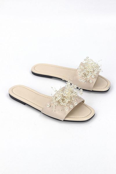 Jumana Bej Cilt El Yapımı Boncuk Detaylı Kadın Terlik