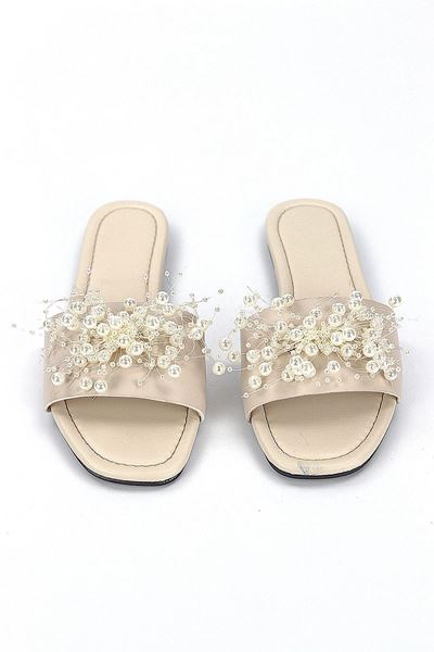 Jumana Bej Cilt El Yapımı Boncuk Detaylı Kadın Terlik