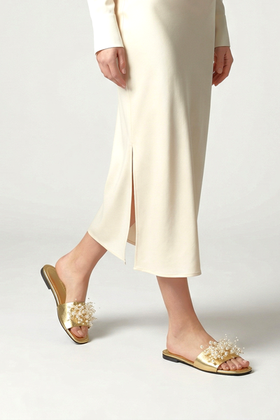 Jumana Dore Metalik El Yapımı Boncuk Detaylı Kadın Terlik