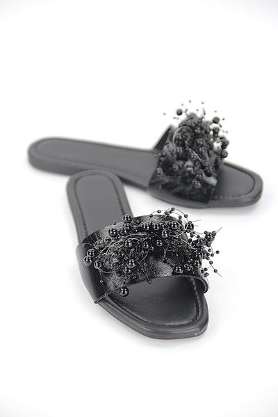 Jumana Siyah Rugan El Yapımı Boncuk Detaylı Kadın Terlik