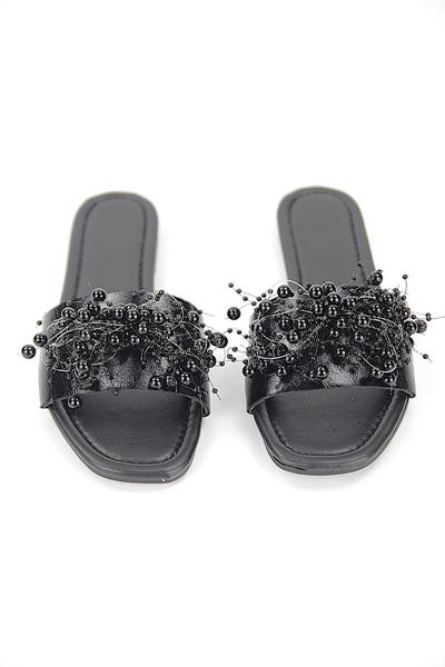 Jumana Siyah Rugan El Yapımı Boncuk Detaylı Kadın Terlik