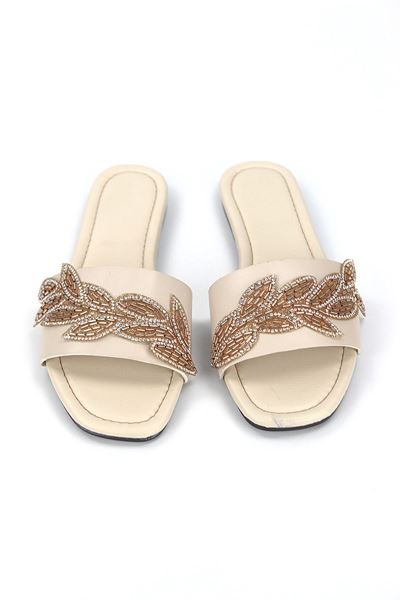 Lioren Bej Cilt El Yapımı Yaprak Taş Detaylı Kadın Terlik