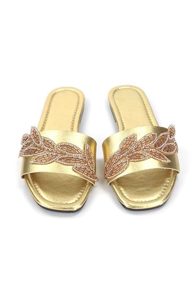 Lioren Dore Metalik El Yapımı Yaprak Taş Detaylı Kadın Terlik