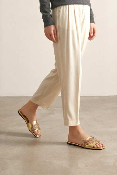 Lioren Dore Metalik El Yapımı Yaprak Taş Detaylı Kadın Terlik