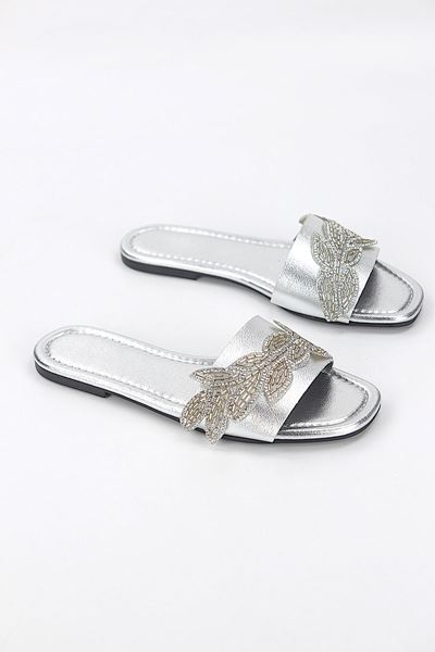 Lioren Lame Metalik El Yapımı Yaprak Taş Detaylı Kadın Terlik