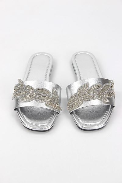 Lioren Lame Metalik El Yapımı Yaprak Taş Detaylı Kadın Terlik