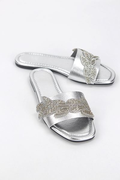 Lioren Lame Metalik El Yapımı Yaprak Taş Detaylı Kadın Terlik
