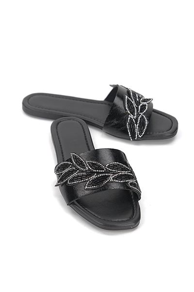 Lioren Siyah Rugan El Yapımı Yaprak Taş Detaylı Kadın Terlik