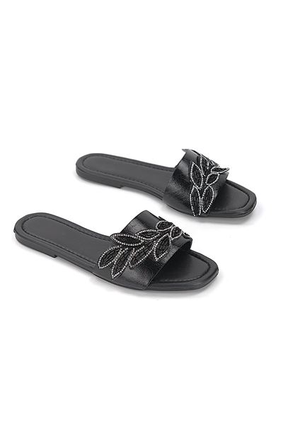Lioren Siyah Rugan El Yapımı Yaprak Taş Detaylı Kadın Terlik