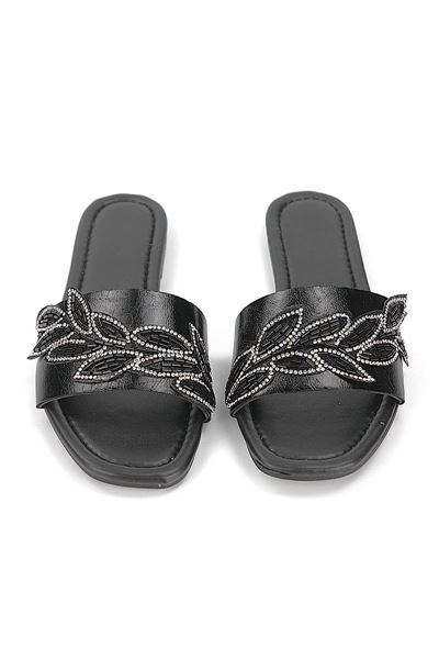 Lioren Siyah Rugan El Yapımı Yaprak Taş Detaylı Kadın Terlik