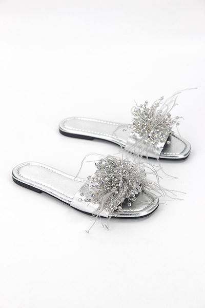 Paloma Lame Metalik El Yapımı Tüylü Boncuk Taş Detaylı Kadın Terlik