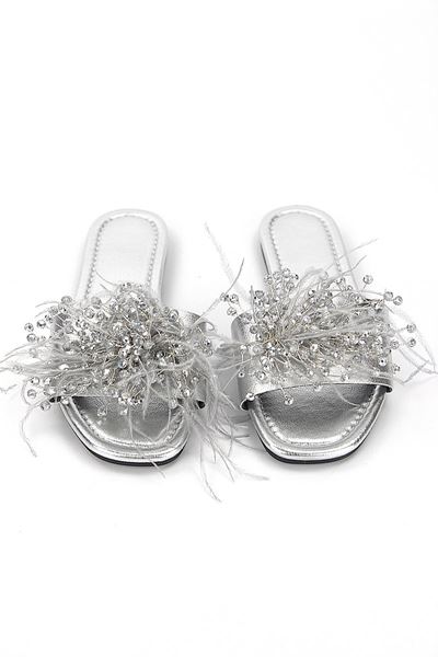 Paloma Lame Metalik El Yapımı Tüylü Boncuk Taş Detaylı Kadın Terlik