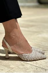 Jolie Bej Desenli Kumaş (6 cm) Klasik Topuklu Ayakkabı